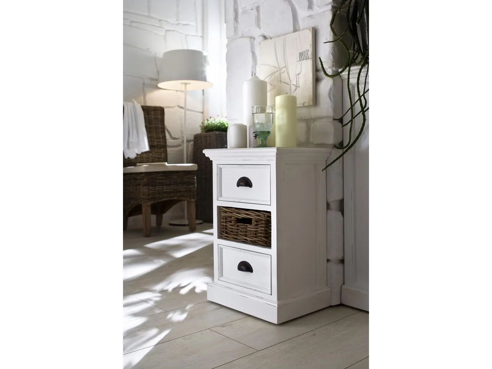 Nova Solo CA585 White Semi-Gloss Painted Rattan Rectangular Bedside Nightstand - Mahogany Wood Bed Side Table, Single Unit Bedroom Storage Unit with Basket, 15.8x23.5x11.8in, Side Tables