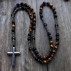 Natural Hematite Cross Pendant Necklace Obsidian Tiger Eye Catholic Christ Boho Necklace Meditation Yoga Tiger Eye Prayer Beads Necklace