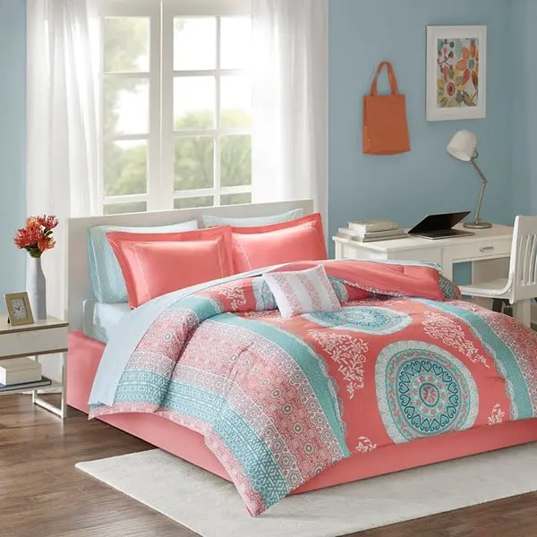 Intelligent Design ID10-1216 Loretta Casual Bohemian Motif Print Comforter & Sheet Set - Coral, Single Twin Size, with Coordinating Shams