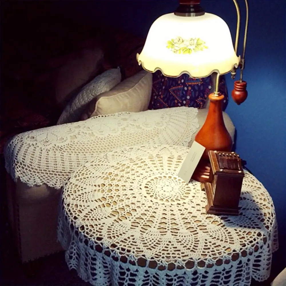 Cotton Vintage Hollow Round Coffee Tablecloth, Beige Crochet Cover, Dustproof Coffee Table Mat for Home Decor