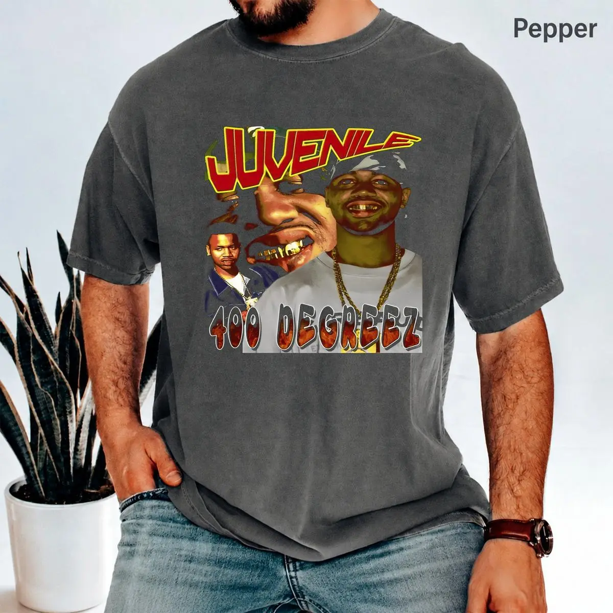 Menswear Casual Round Neck Short-Sleeve Juvenile 400 Degreez Rap Big Face Graphic Vintage Hip Hop T-Shirt, Soft Everyday Tops for Men, Shortsleeve