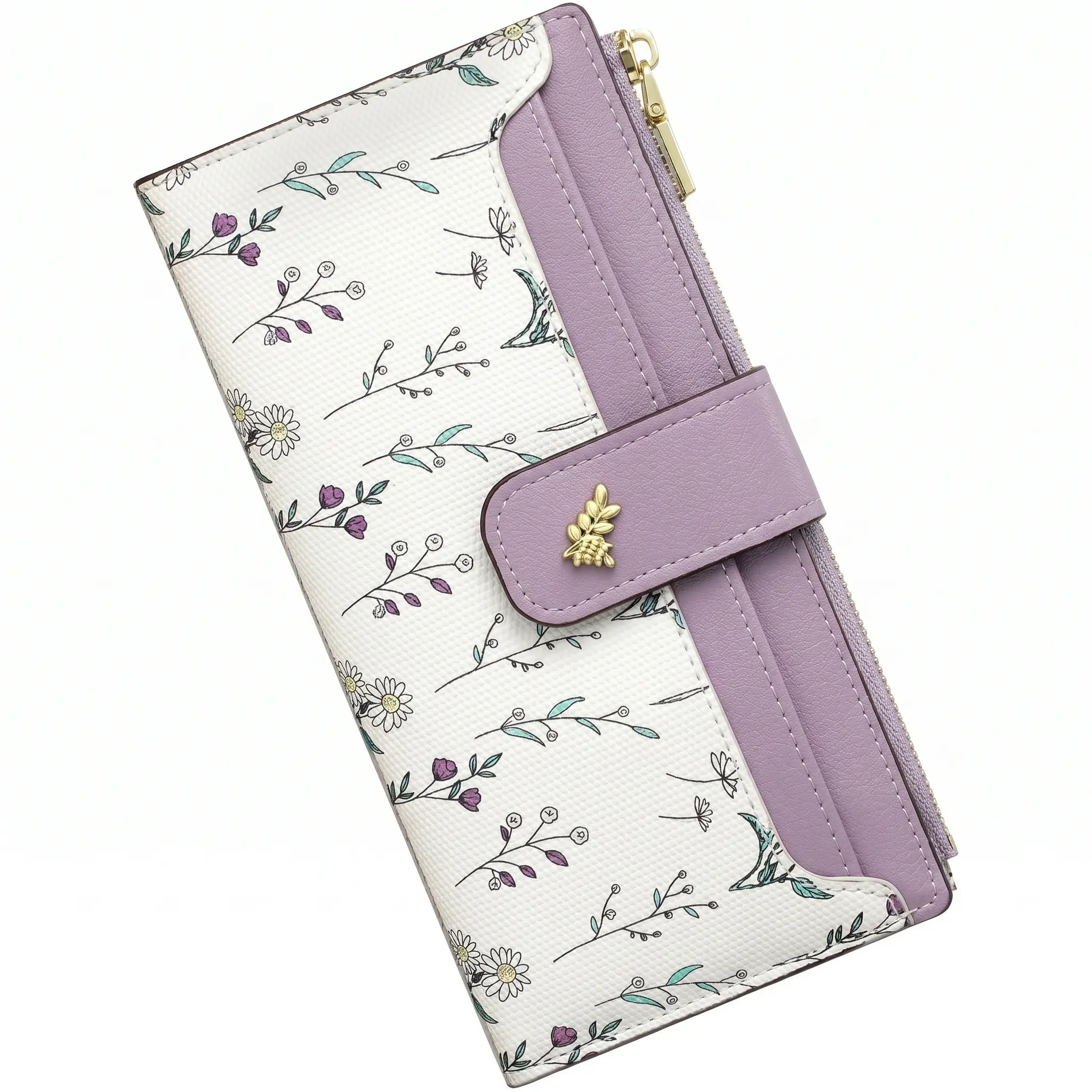 Floral Vegan Leather Slim Bifold Wallet RFID Blocking Card Holder With Zipper Pocket For Women Daily Gift