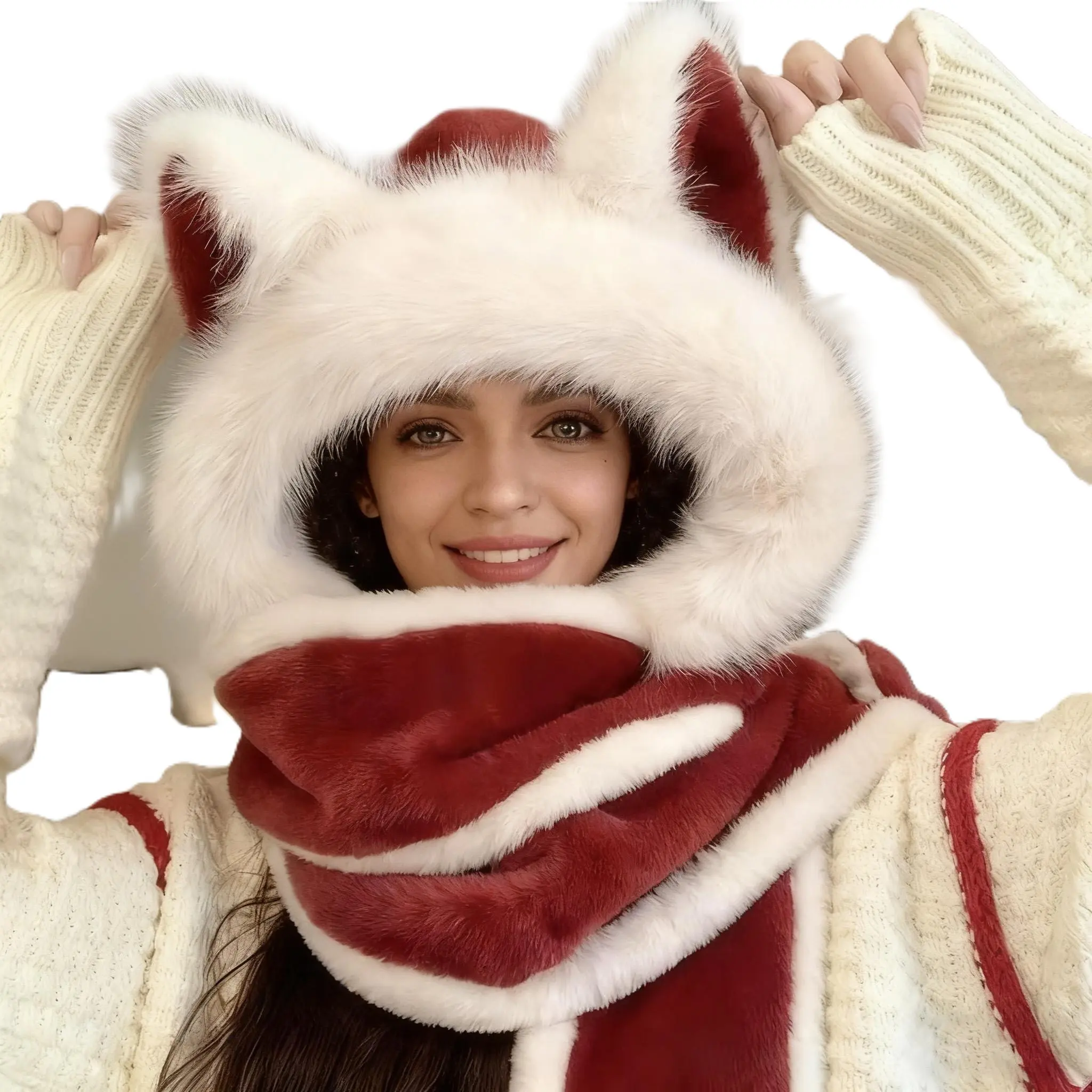 Wolf ear plush three-piece set: winter hat and scarf combination, warm hat for women, cold weather gear, outdoor activities, plush hat, fashionable for cold weather, soft fabric, three-piece set, suitable for commuters and cyclists