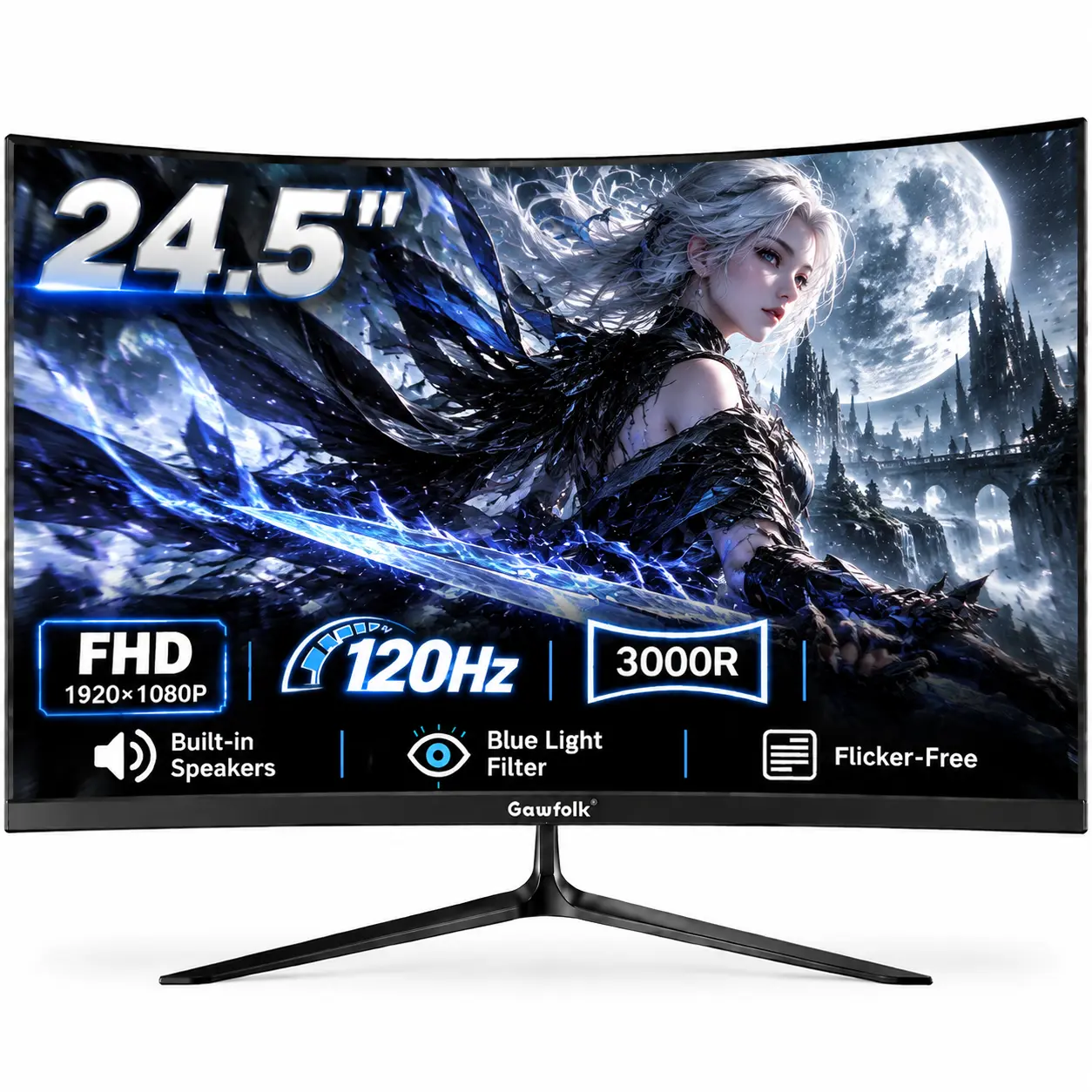Gawfolk 24.5" Curved Gaming Monitor, FHD 1080P, 120Hz Refresh Rate, 3000R VA Panel, Built-in Speakers, Blue Light Filter, HDMI 2.0 & VGA Ports, 75x75mm VESA Mount, Borderless Design