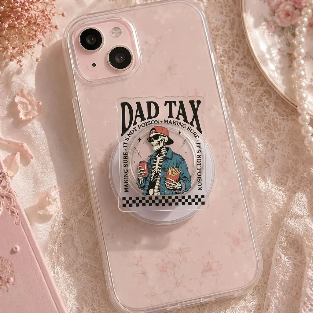 Dad Tax Skeleton Phone Grip - Funny Foodie Aesthetic Griptok, Cool Skull with Fries & Soda Design, Premium Acrylic Phone Holder for iPhone/Android, Unique Gift for Dads, Trendy Desk Accessory