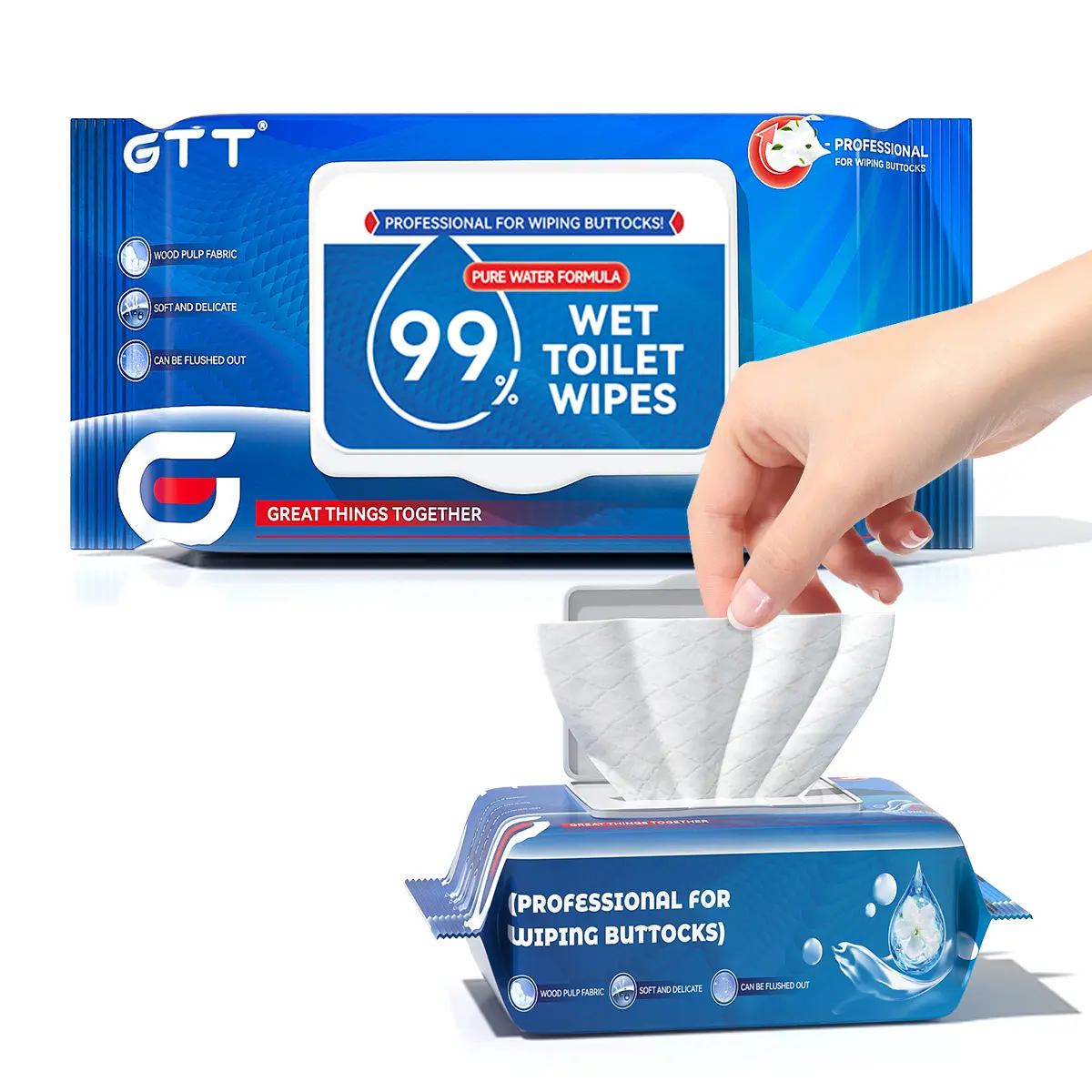 GTT 99% Pure Water Wet Toilet Wipes, Non-Irritating Formula for Sensitive Skin, Professional Home Care Option for Buttock Use