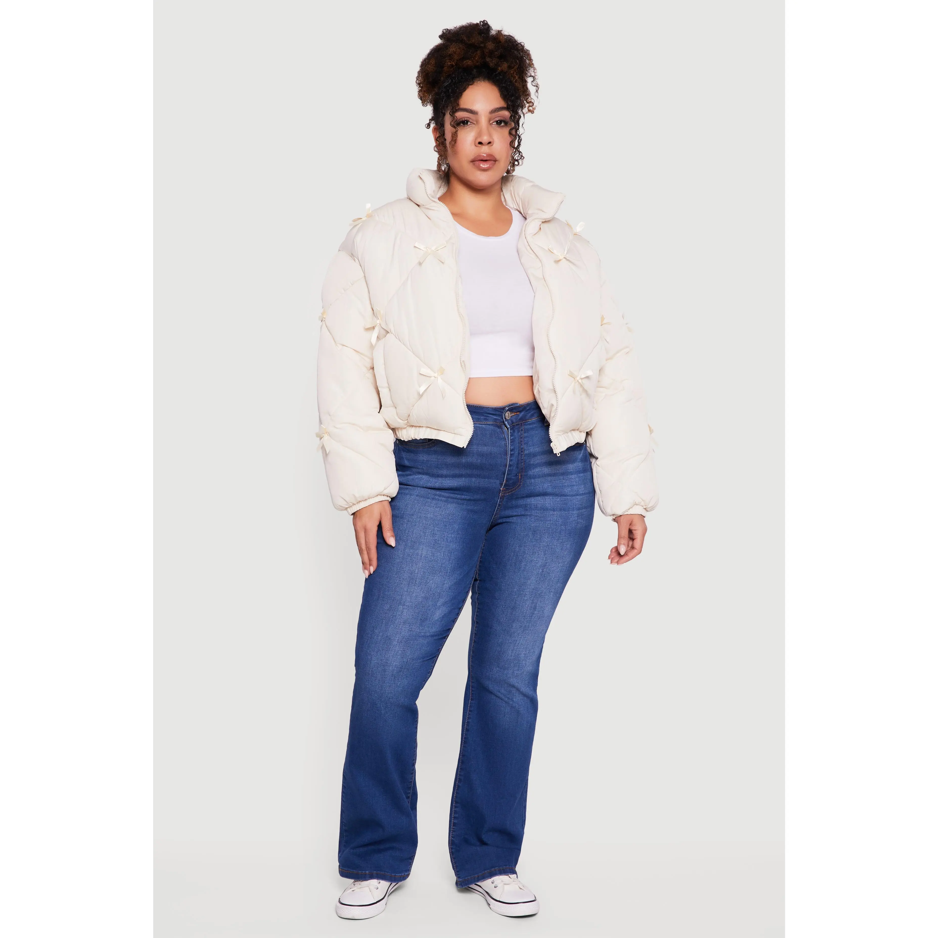 Plus Size Almost Famous Quilted Puffer Jacket with Bows