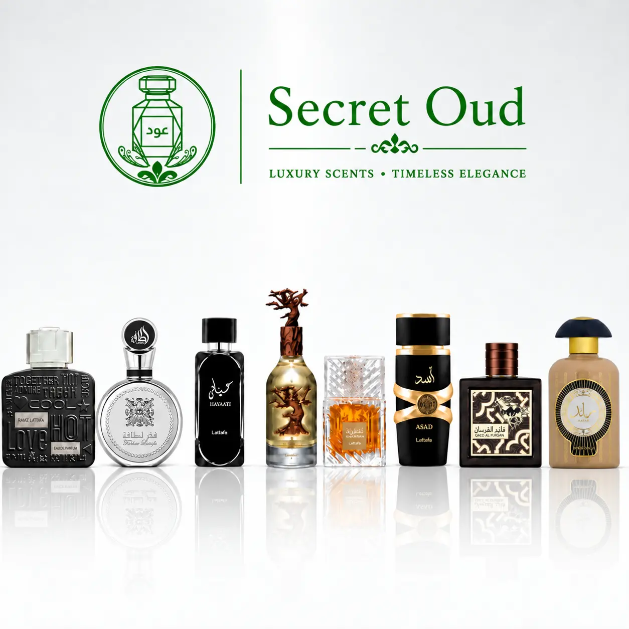 Ramz Lattafa Silver + Fakhar Lattafa Platin + Hayaati Black + Eternal Oud + Khamrah + Asad + Qaed Al Fursan Untamed + Raed Absolu