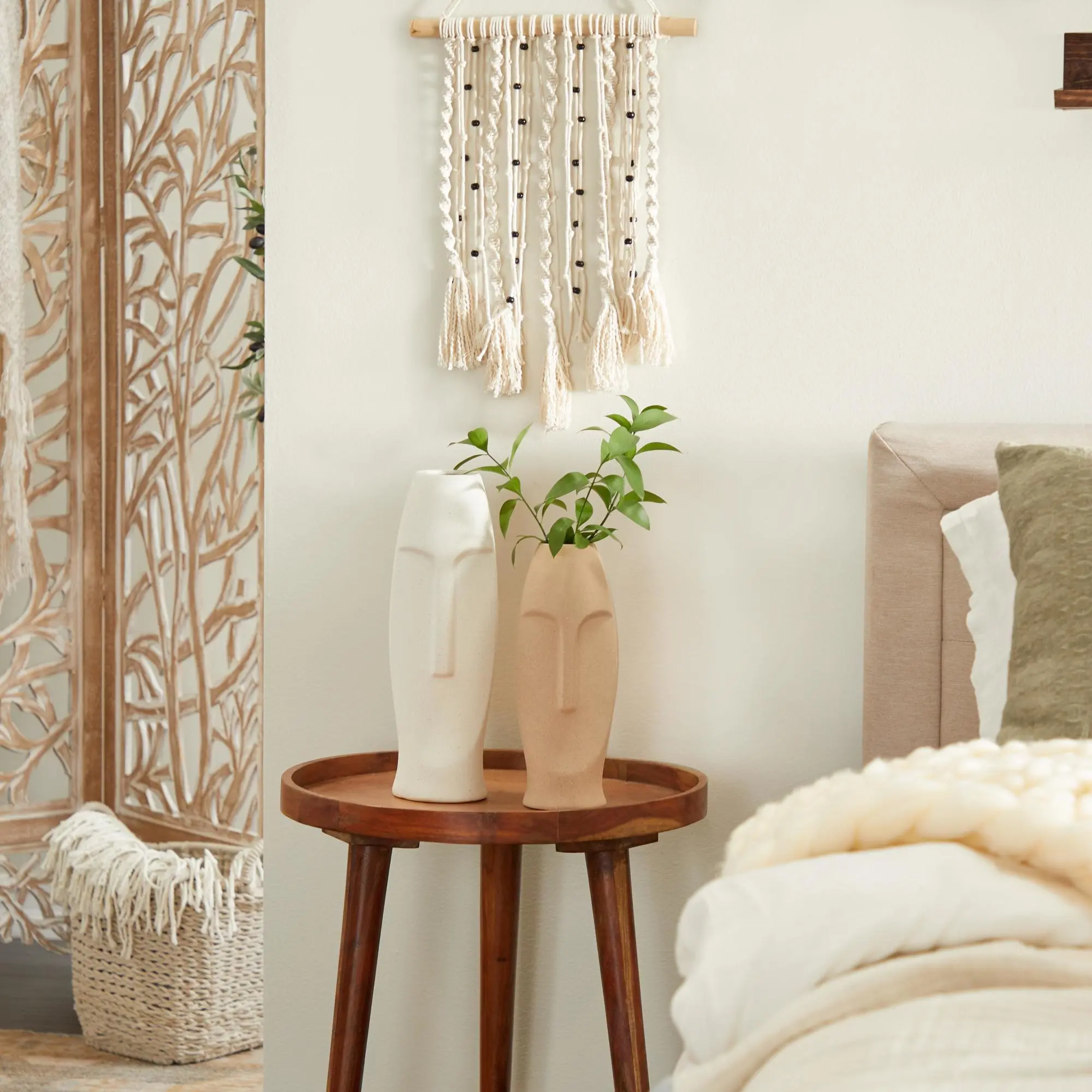 Contemporary Tribal Beige Ceramic Easter Island Head Vase Set (2-Piece Decorative Minimalist), 2 in Mouth Openings, Molded Pieces, Felt Stops, Rubber Bottoms, Wipe-Clean, Durable Indoor Room Decor Centerpiece Table Flower Vases