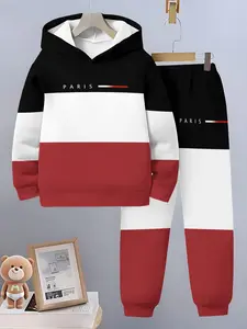 Boys Spring & Fall Sports Set, Colorblock, Paris Slogan Hoodie and Pants Two-Piece, Fashionable High-End Casual Kids' Clothing