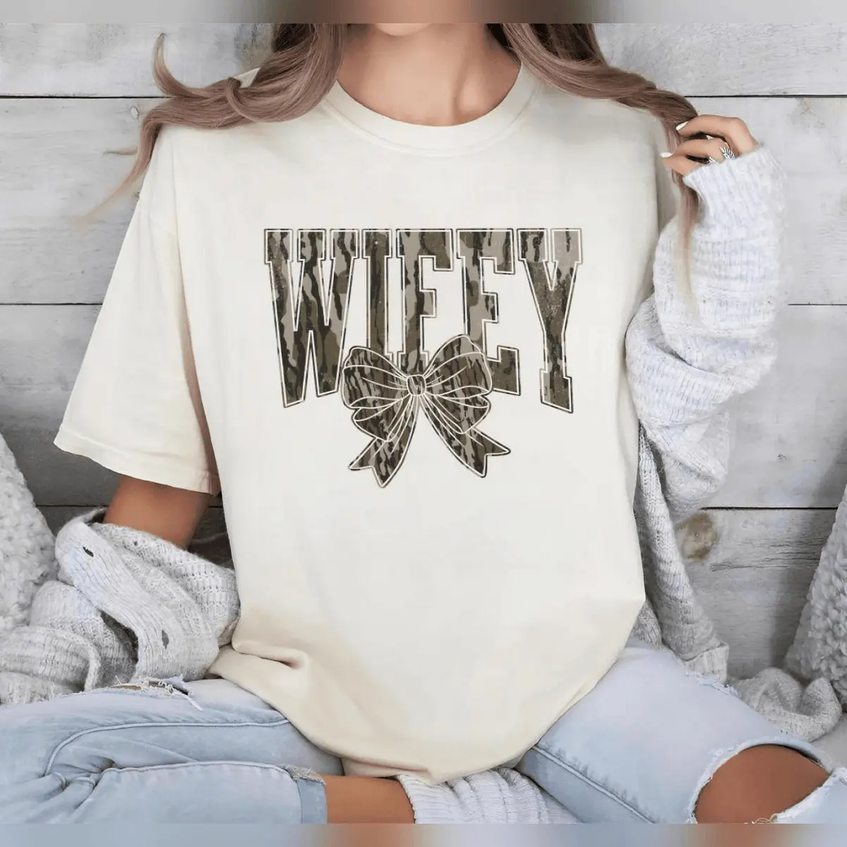 Women's Coquette Wifey T-Shirt with Camo Bow Graphic Print, Lightweight Cotton Short Sleeve Round Neck Tee for Brides, Light, Fabric