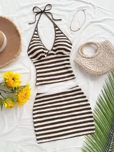 Women's Sexy Striped Backless Sleeveless Bow Tie Blouse and Short Skirt Set, Summer Vacation Style, Perfect for Beach, Cruise, Carnival, Easter, Womenswear