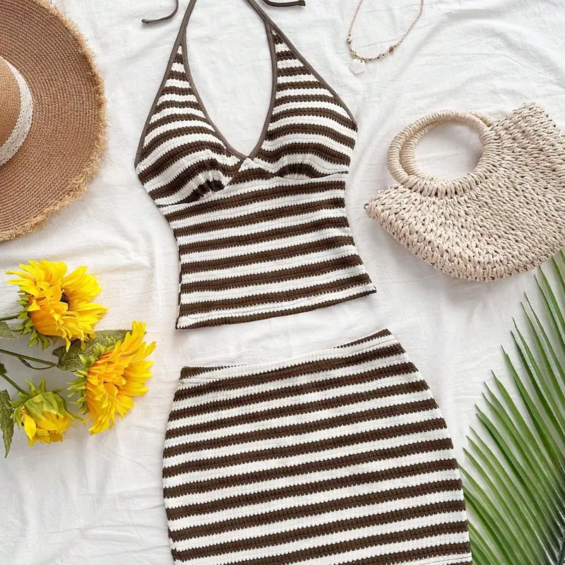 Women's Sexy Striped Backless Sleeveless Bow Tie Blouse and Short Skirt Piece Set, Summer Vacation Style, Perfect for Beach, Cruise, Carnival, Easter, Womenswear, All Season Set, Co Ord Set