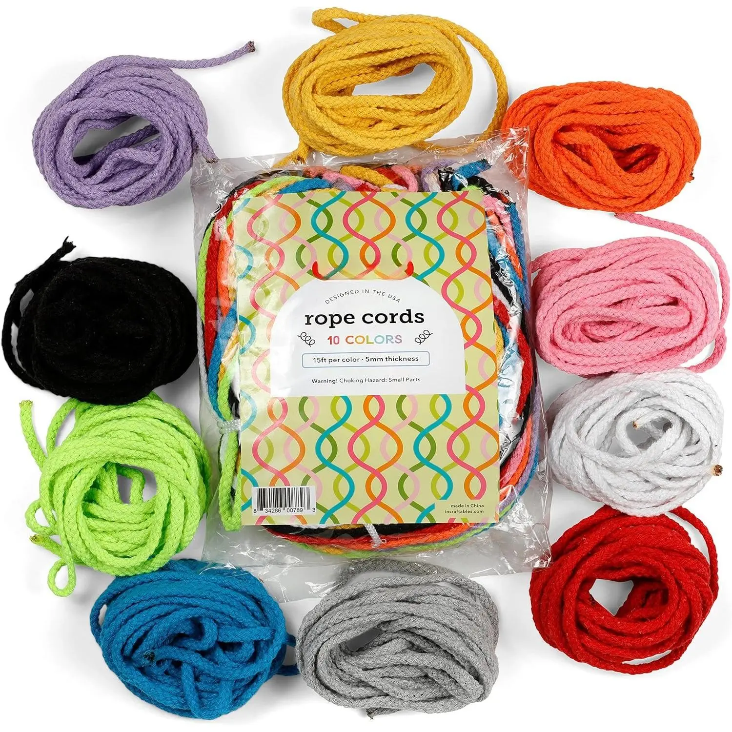 Crafting Rope Cord - 10 Assorted Colors - 150ft Total - Cotton Macrame Cord 5mm - 3 Strand Twisted Cotton Rope Cord for Crafts, Wall Hanging,  Hangers, Clothesline & Decorations