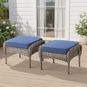 Outdoor Ottomans Patio Footrest Set of 2 - High Back Comfortable Brown Wicker Rattan Steel Frame Footstool Additional Bench Side Table for Porch Balcony Deck Garden Poolside - Navy Blue