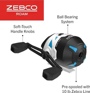 Zebco Roam Spincast Fishing Reel, Size 30 Reel, Changeable Right or Left-Hand Retrieve, Pre-Spooled with 10-Pound Zebco Fishing Line, Stainless Steel Front Cover, Blue
