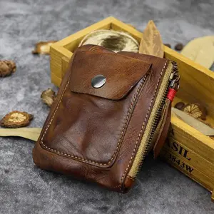 Genuine Vegetable Tanned Leather Wallet, Wrinkle Texture Ultra Slim Minimalist Zipper Driver License Card Holder Large Capacity Coin Purse