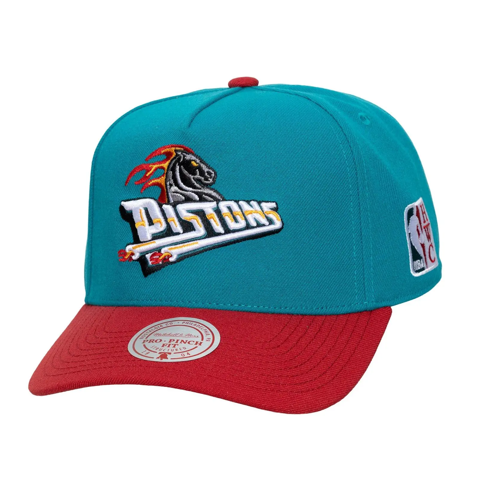 Detroit Pistons Teal/Red Hardwood Classics Legendary Home Pro Pinch Snapback Hat NBA Throwback Cap Adjustable Fan Gear Mitchell & Ness