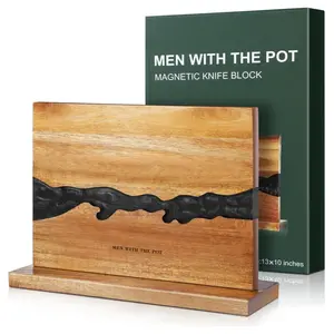 MEN WITH THE POT Magnetic Knife Block, Double Sided Magnetic Knife Holder Rack for Kitchen Counter Top, Space Saving Free Standing Wood Magnetic Knife Storage Stand with Black Resin