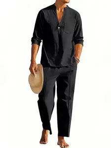 Men's Linen Henry Long Sleeve Loose Straight Leg Pants Set, Casual Outdoor Resort Wear, Spring & Fall Fashion