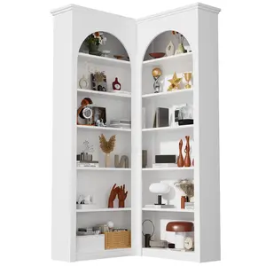Corner Bookshelf, 71 inch 6 Tier Storage Bookcase, L-Shaped Corner Bookshelf, Living Room/Home Office/Bedroom Display Unit, Arched French Style