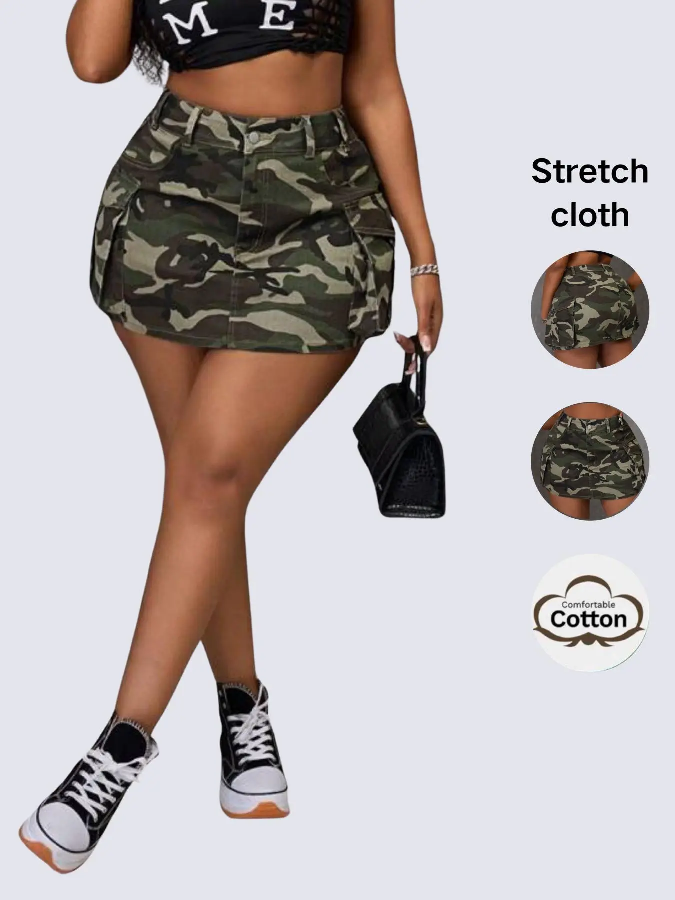 Women's Camo Camouflage Elastic Mini Short Multi-Pocket Button Work Denim Skirt Bottom, Fashionable, Casual Style, Perfect for Daily Wear, Parties, Commuting, Versatile
