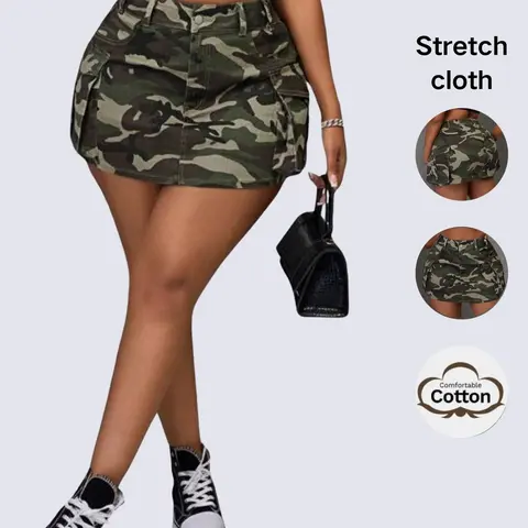 Women's Camo Camouflage Elastic Mini Short Multi-Pocket Button Work Denim Skirt Bottom, Essential, Fashionable, Casual Style, Perfect for Daily Wear, Parties, Commuting, Versatile