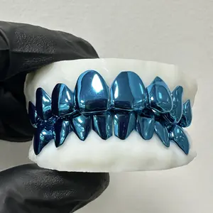 Custom Blue Electroplating Solid 925 Silver Hand Out Teeth Grillz Hip Hop Grillz
