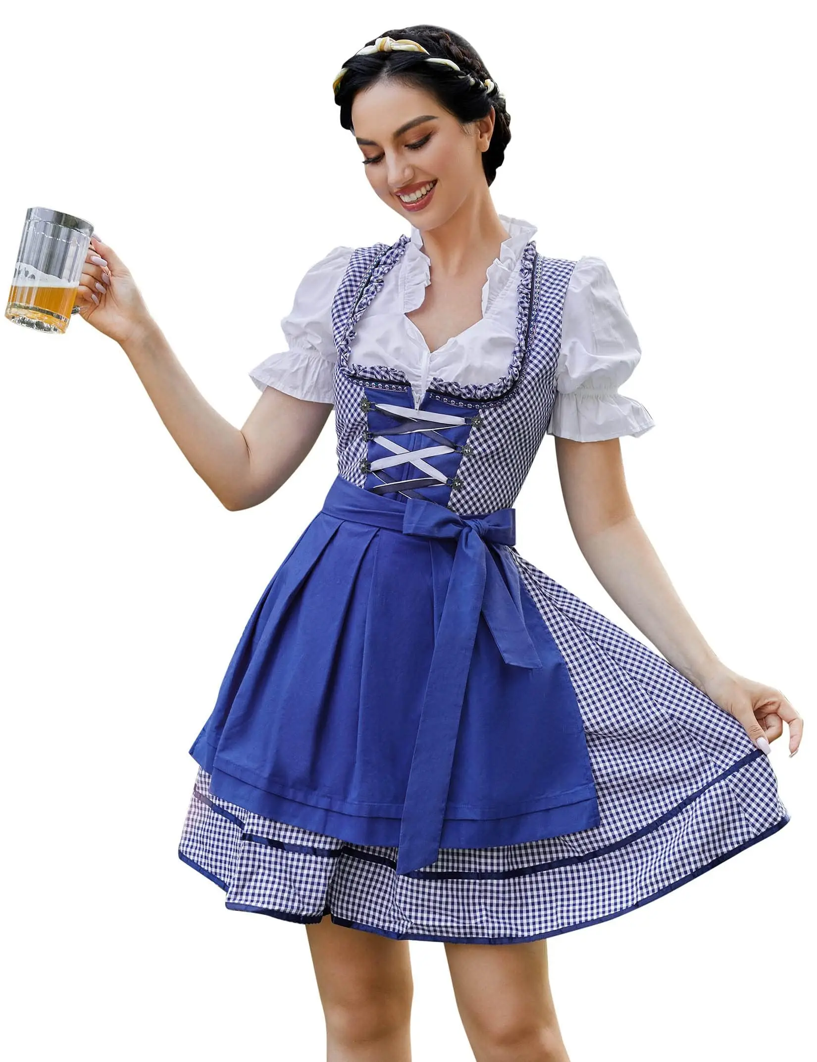 Lady's 3-Piece Bavarian Dirndl Wrap Costume Set - Gingham Print Carnival Halloween Dress, 100% Rayon Blouse, 100% Polyester Dress & Apron DTY