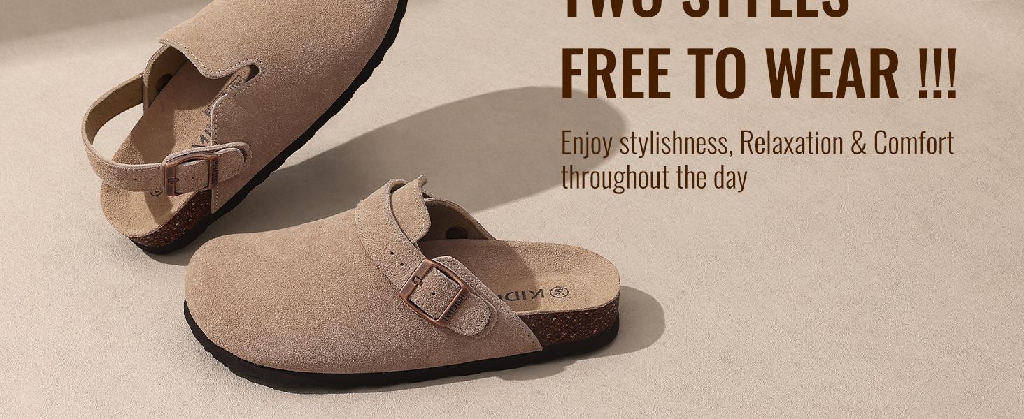 KIDMI Women's Suede Clogs with Back Strap Men's Leather Mules Cork Footbed Slip on Potato Shoes