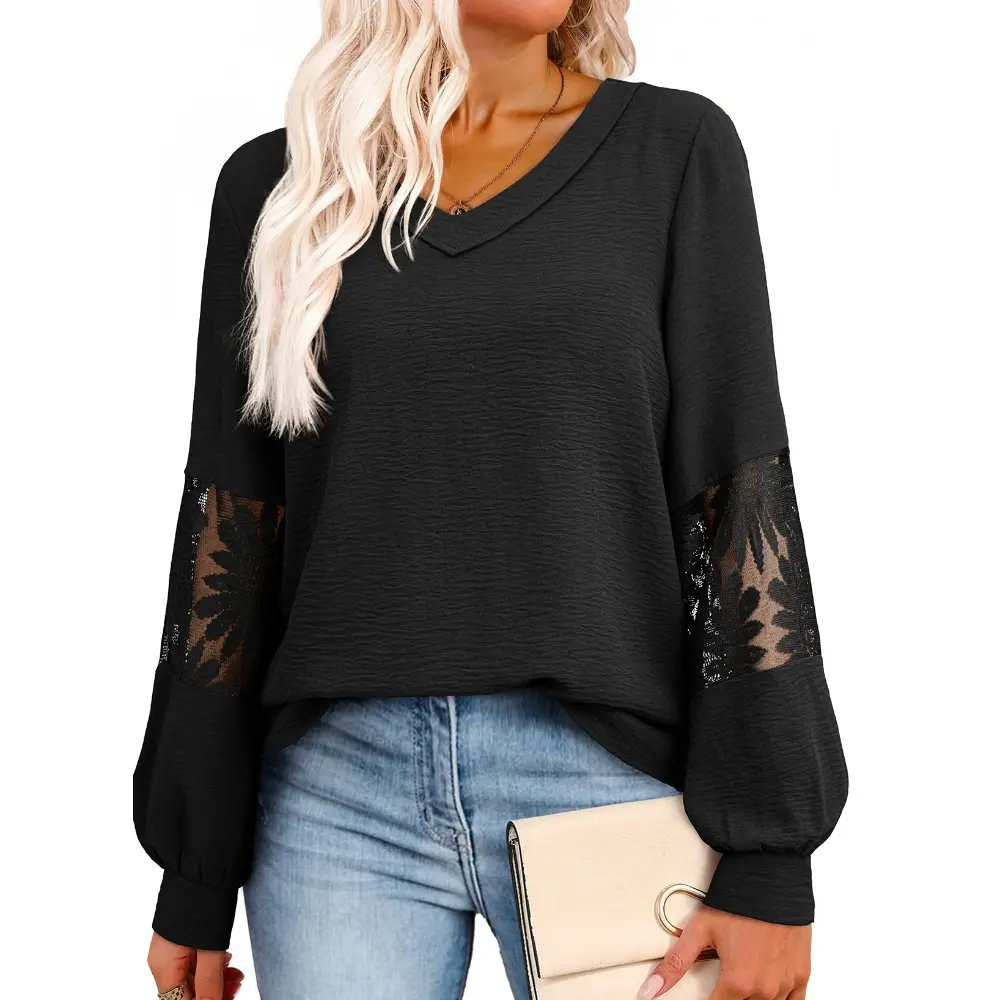 Dokotoo Womens Tops V Neck Long Sleeve Lace Dressy Casual Blouses 2026 Trendy Oversized T Shirts