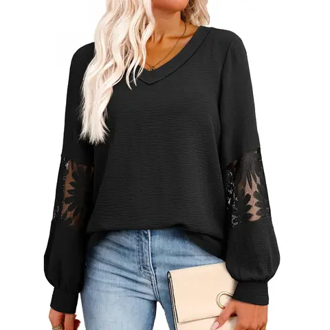Dokotoo Womens Tops V Neck Long Sleeve Lace Dressy Casual Blouses 2026 Trendy Oversized T Shirts