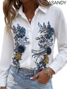 ASANDY Women's White Button-Down Shirt - Long-Sleeve Blouse with 3D Floral Sequin Embroidery, Elegant for Office & Parties