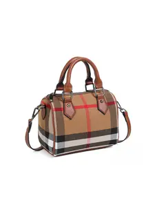 Women's Crossbody Messenger Bag, Plaid Pattern, Genuine Leather Soft Front, Polyester Lining, Canvas Material, Casual Style, All Seasons