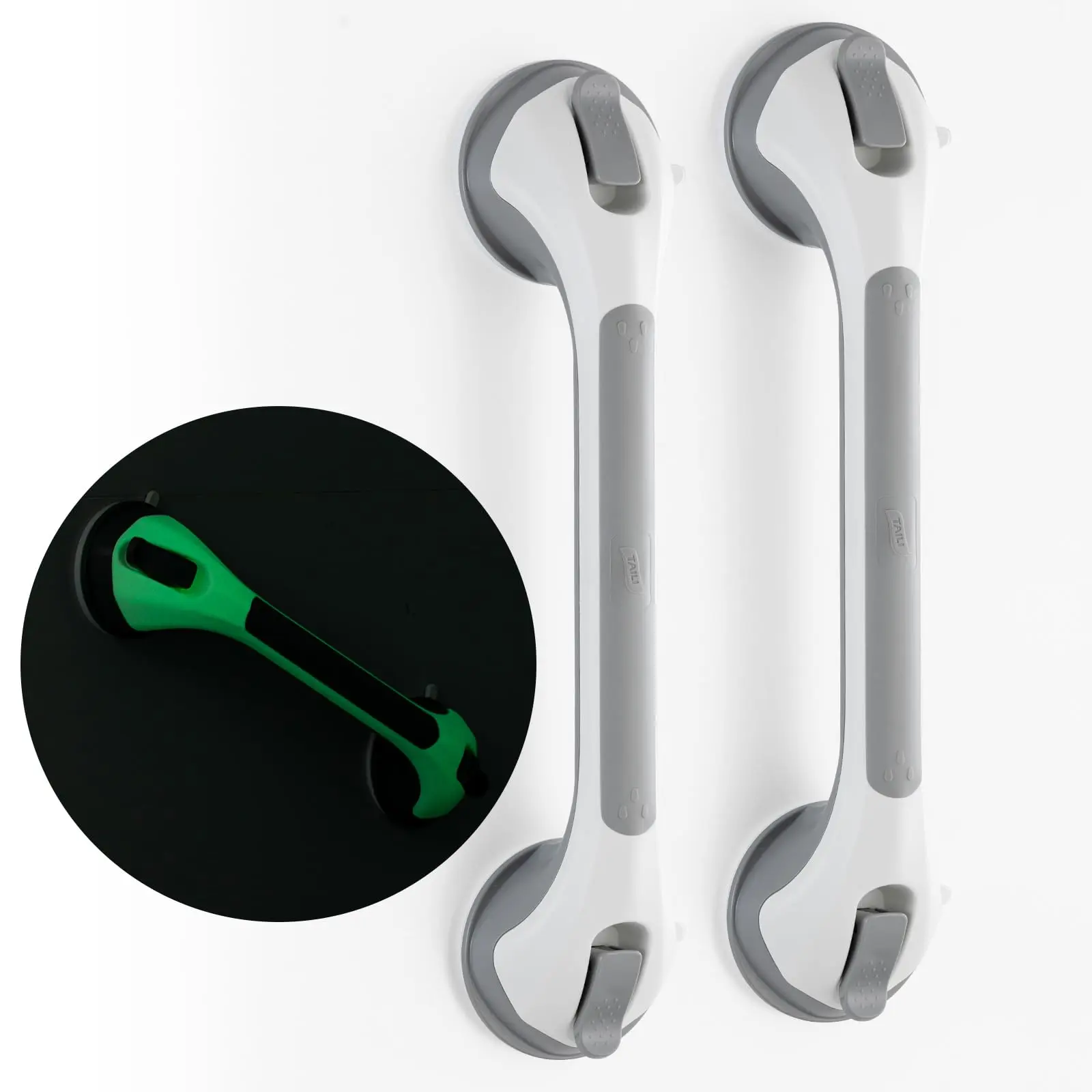 TAILI Shower Grab Bar Glow in The Dark, 2 Pack 16.8 in Grab Bars for Bathtubs and Showers,Shower Handles Shower Rails for Seniors and Elderly,Bathroom Safety Grip Removable No Drilling Waterproof Grey