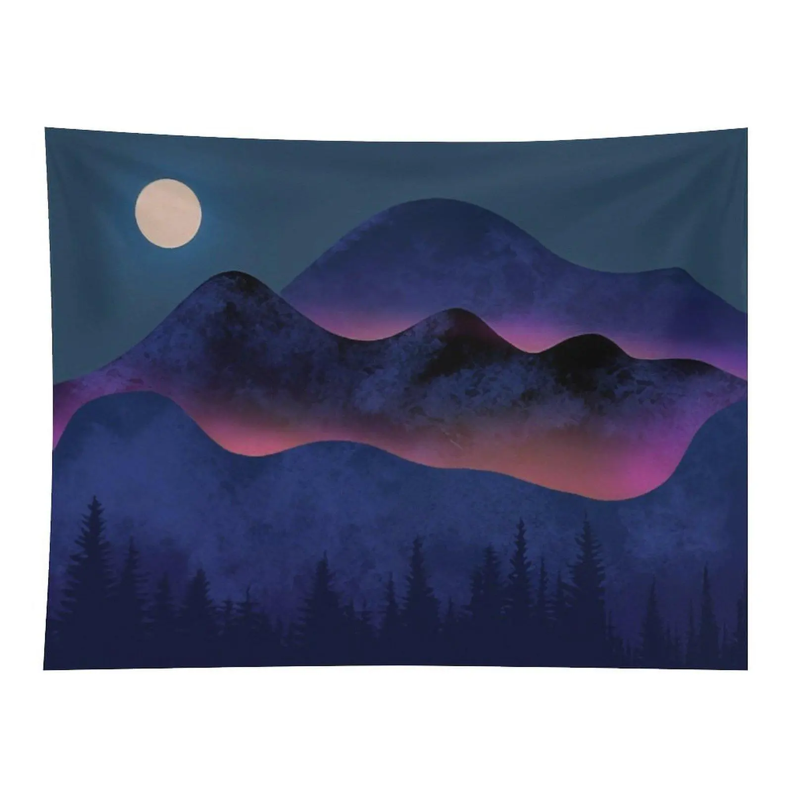 Night Mountain Forest Wall Tapestry Full Moon Purple Teal Peaks Pine Tree Silhouette Mystical Nature Scenery Calm Bohemian Wall Hanging