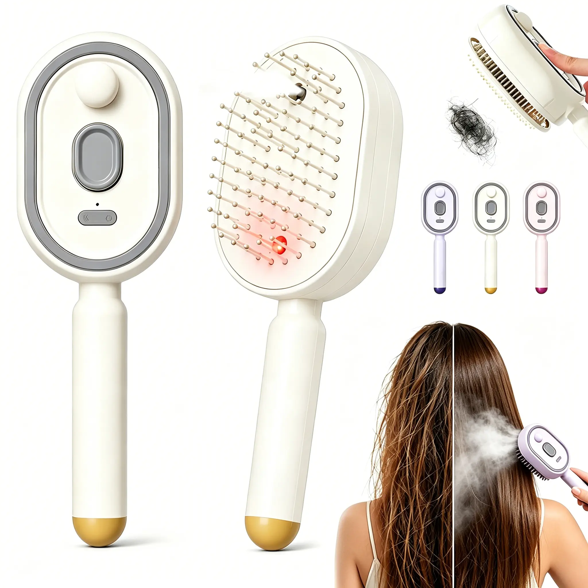 3-in-1 USB Rechargeable Electric Essential Oil Mist Spray Air Cushion Massage Comb, One-Click Retractable Teeth Self-Clean Anti-Tangle Anti-Static Volumizing Hair Brush For Dry Frizzy Hair, Portable Scalp Care Styling Comb For Home Travel