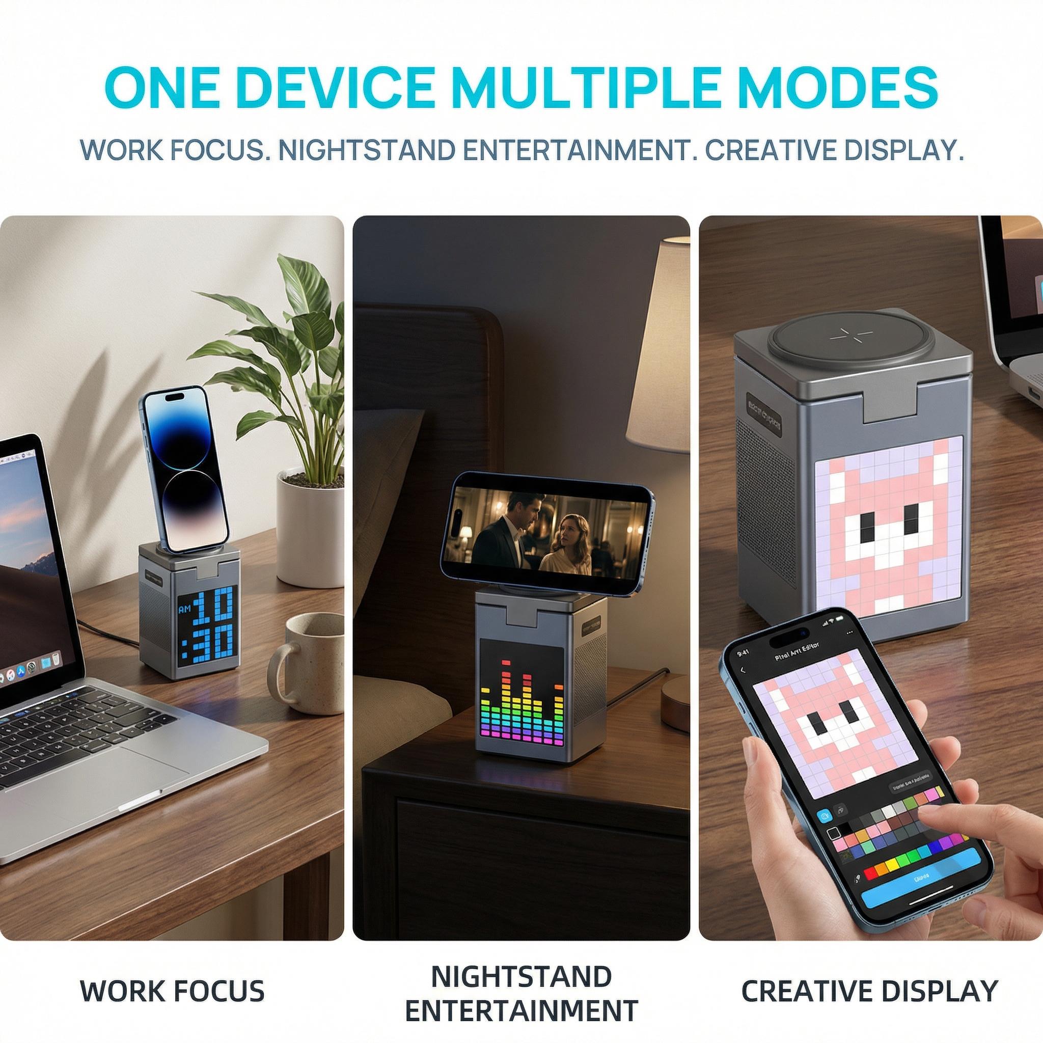 6-in-1 Charging Station for Apple Devices,  15W Magnetic Wireless Charger Stand with Bluetooth Speaker, Digital Alarm Clock, Pixel Display, Compatible with MagSafe iPhone Series, Apple Watch & AirPods - March Madness, Spring Break, World Cup, Easter