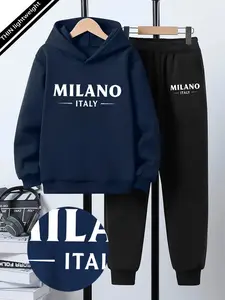 Boys' Spring & Fall Set, Fashionable Milano Italy Letter Printed Hoodie Two-Piece Set, Youth Casual Sweatshirt Pants Set