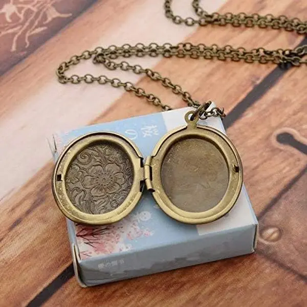 14k Gold Silver Women Romantic Heart Locket Necklace Engraved Flower Oval Hold Photo Picture Pendant Living Memory Jewelry