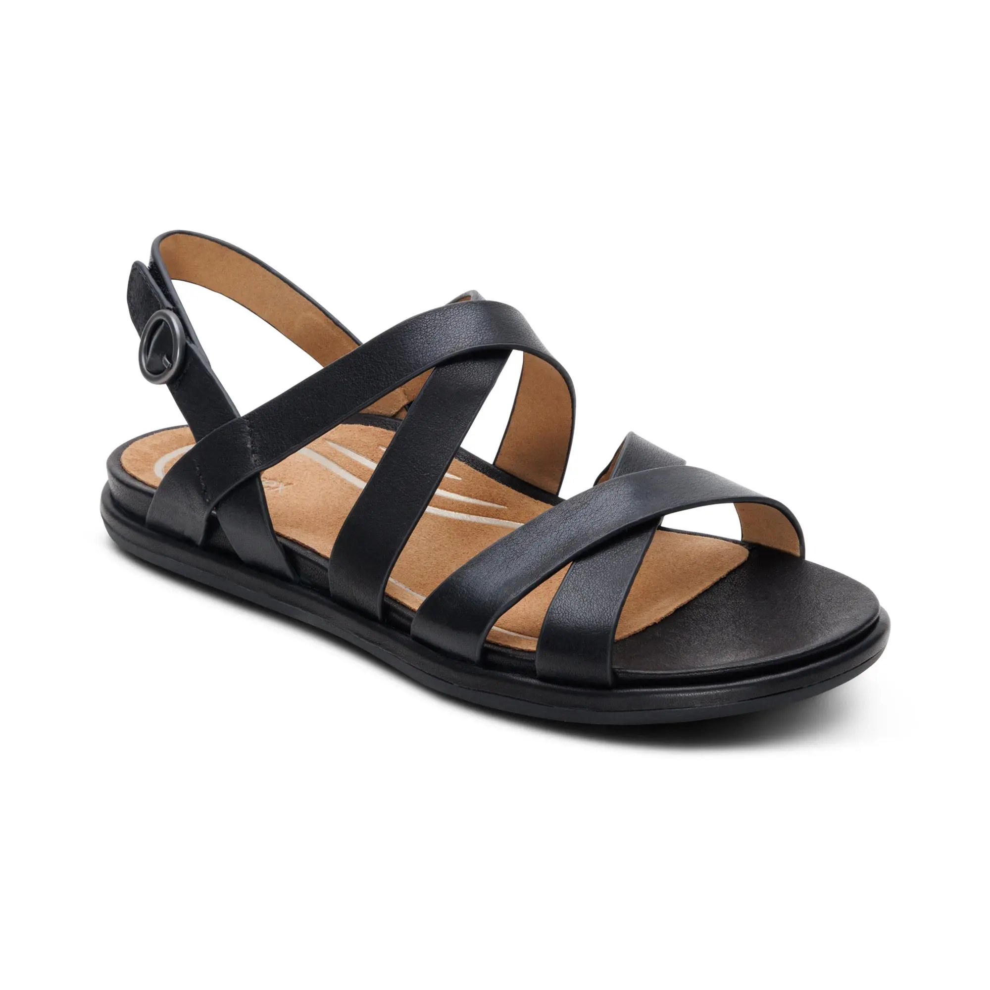 Aetrex Piper Arch Support Strap Sandal - Black | Women's Orthotic Wedge Sandals with Arch Support & Comfort, Shoe, Leather, Rubber, Footwear