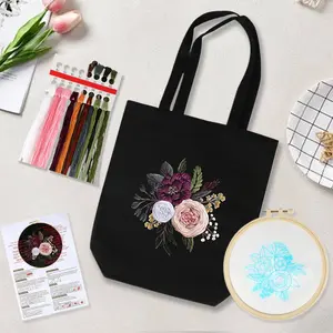 1 Pcs Beginner Material Bag Kit Embroidery Canvas Bag Embroidery Kit for Beginners Flower Embroidered Canvas Bag Fashion Accessories