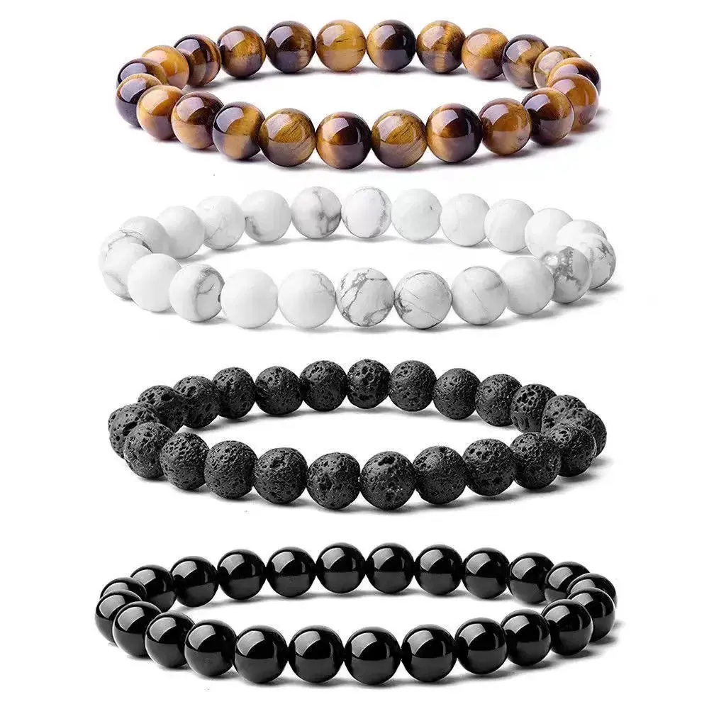 4PCS 8mm Men's Natural Stone Beads Bracelet Set, Tiger Eye Volcanic White Turquoise