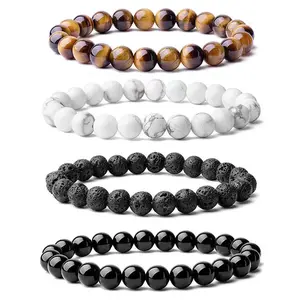 4PCS 8mm Men's Natural Stone Beads Bracelet Set, Tiger Eye Volcanic White Turquoise