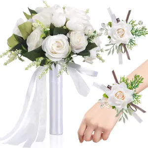 3pcs Artificial Flowers Western Wedding Bride Bridesmaid Handheld Bouquet Lace Ribbon Bouquet The Perfect Wedding Church Decoration Valentine's Day Brides and Bridesmaids Ceremonies Outdoor Photography Props