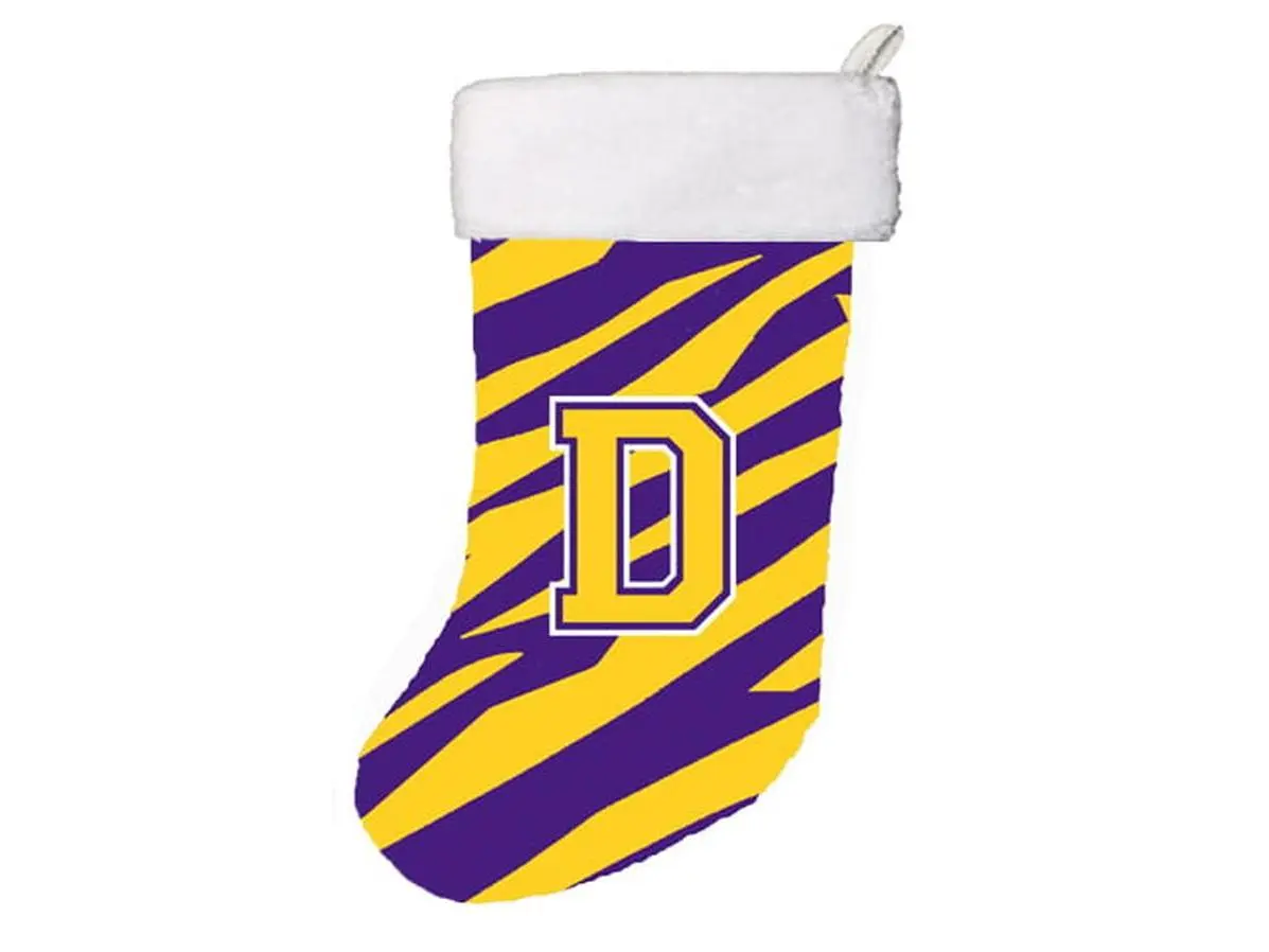 Carolines Treasures CJ1022-D-CS 11x18in Tiger Stripe-Purple Gold Initial D Monogram Christmas Stocking, Festive Home Decor Artwork for Holiday Home Supplies