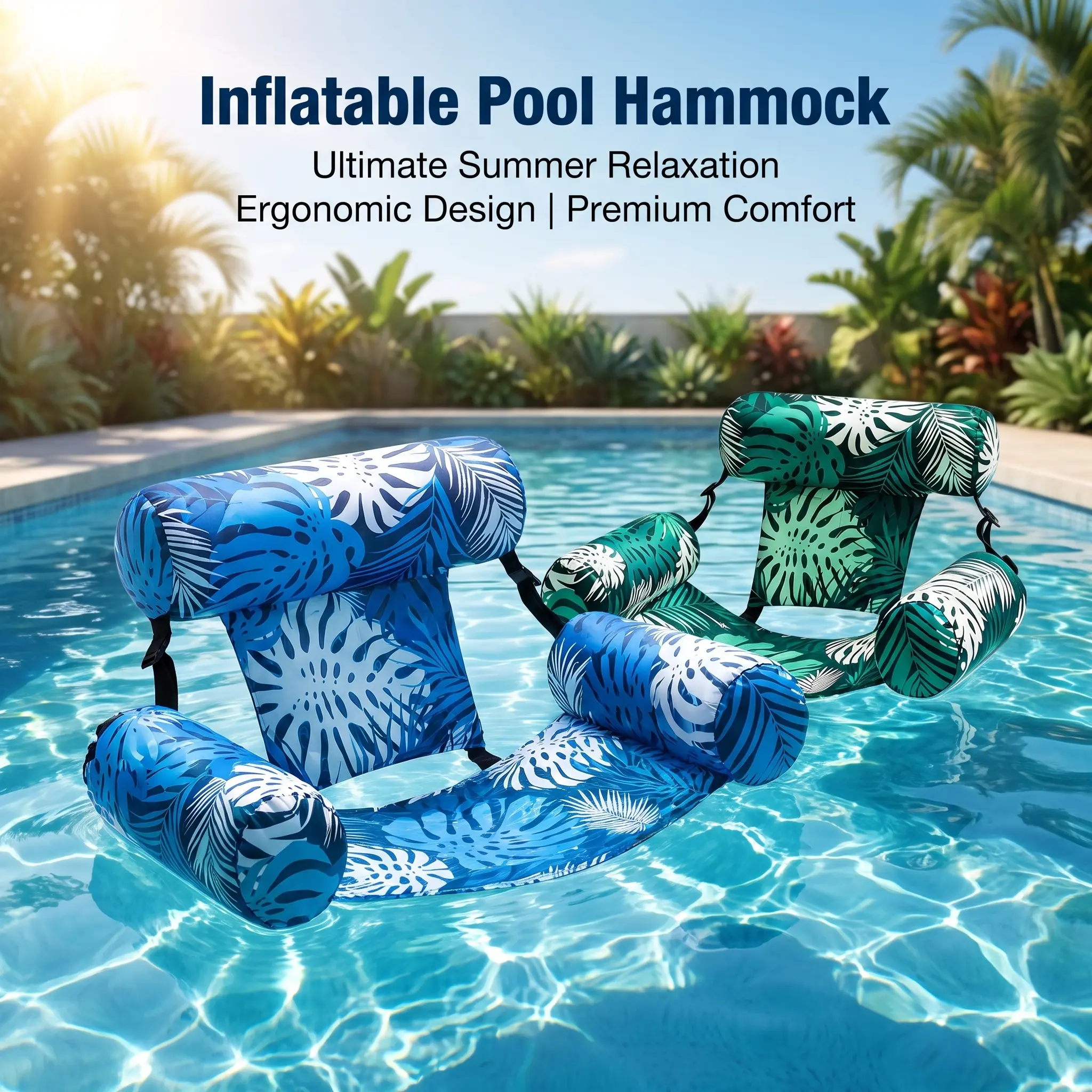 Inflatable Pool Hammock Float Set of 2, Multi Use Water Lounge Chair with Backrest for Adults, Lightweight Floating Seat for Pool Party, Beach Holiday, River Floating, Backyard Swimming and Summer Leisure