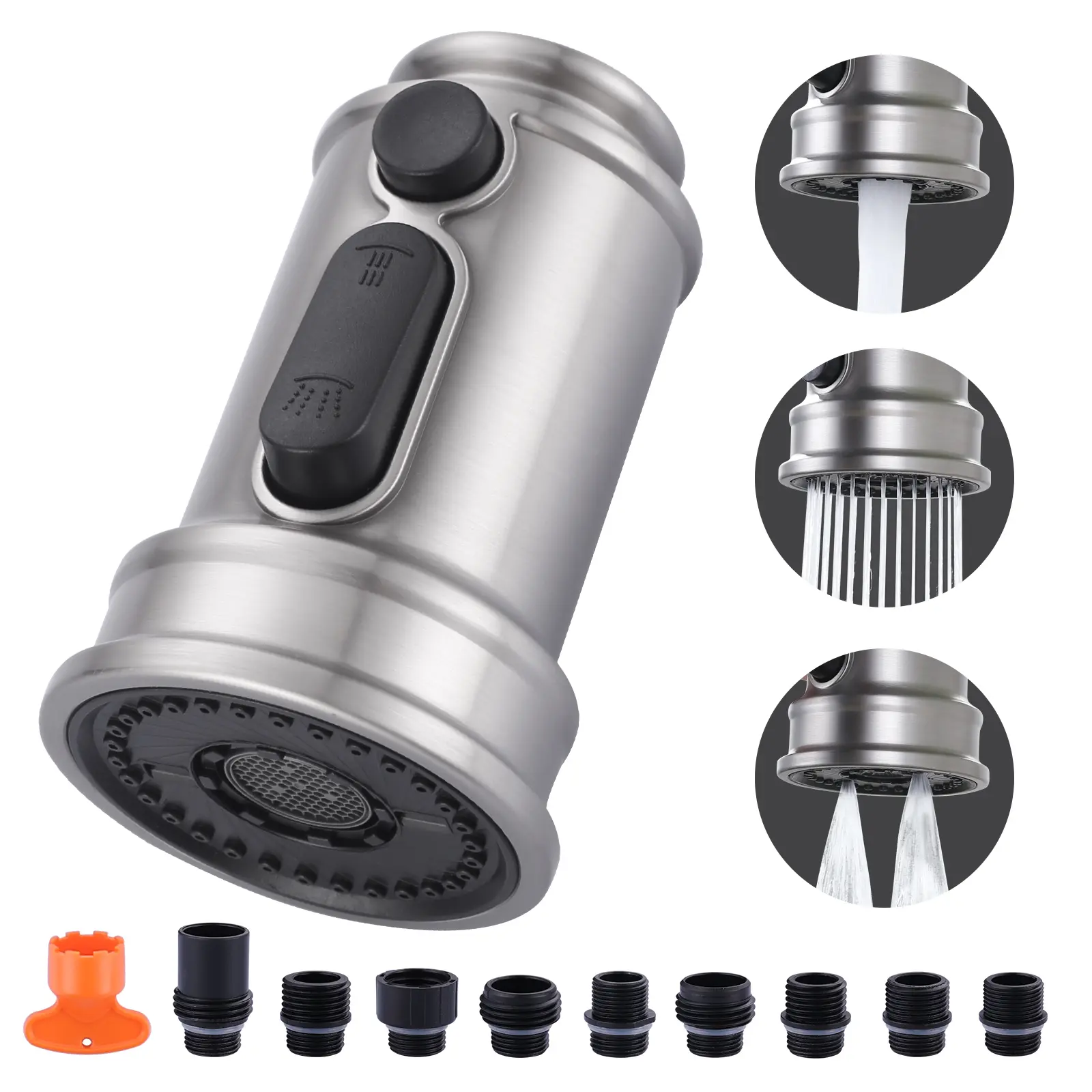 WOWOW Brushed Nickel 3-Functional Adjustable Faucet Sprayer Head Replacement with Stream, ABS Plastic Tool-Free Easy-Install Accessory, 9 Adapters, High-Pressure Dual Blade Spraying & Built-In Water Filter Faucet Sprayer Attachment