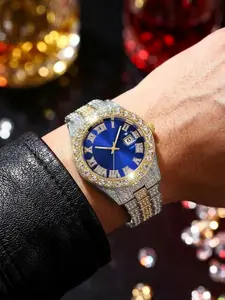 Men's Luxury Moissanite Watch, Blue Dial Diamond Design, Calendar Display, Perfect for Party & Daily Wear, Versatile Wear, Calendar Function, Gift Box Included, Gift Ready