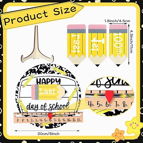 First & Last Day of School Sign Reusable Dry Erase 8" - Back to School Board Gifts Wooden Pencil Style, Cute Pencil Bow Notebook Design for Pre-K Kindergarten Photo Props First Day Last Day Traditions Teachers Parents Essentials Class of 2026